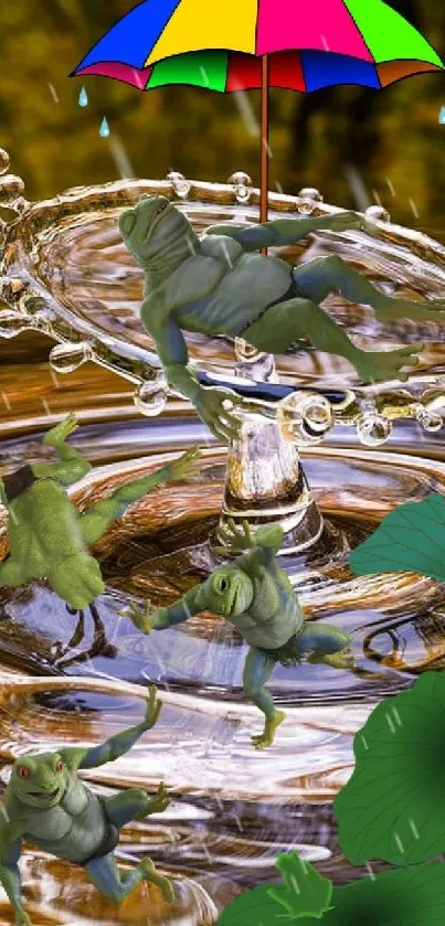 Frogs under a colorful umbrella splash in rippling water, creating a fantasy scene.