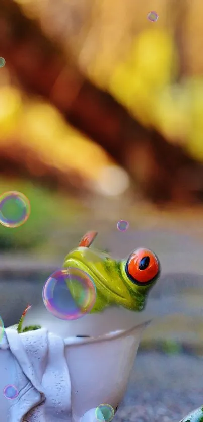 Whimsical frogs relaxing in baths in an outdoor setting.
