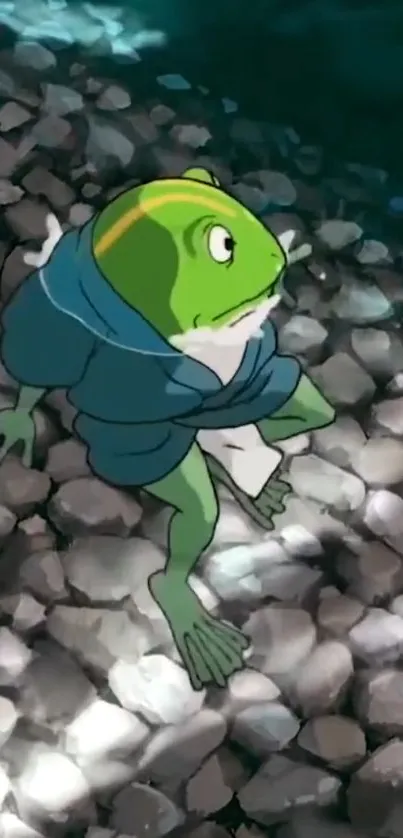 Cartoon frog wearing a blue robe on a stone path.