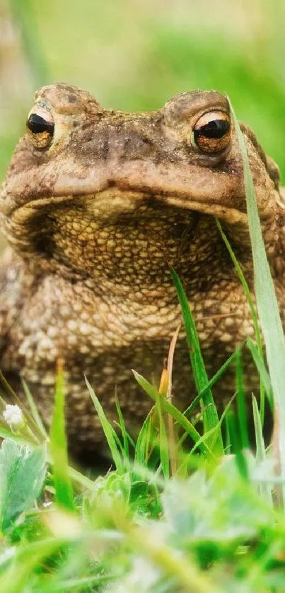 Close-up of a toad sitting in lush green grass.