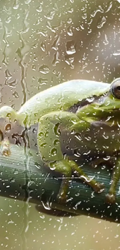 Frog sitting on branch with rain droplets