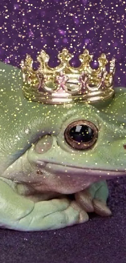 Frog wearing crown on sparkly purple background.