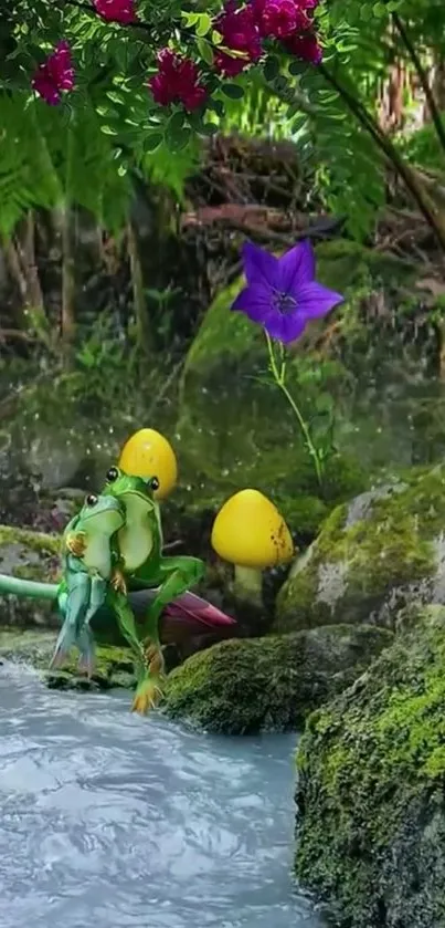 Frogs embracing by a stream in a lush forest with vibrant plants.