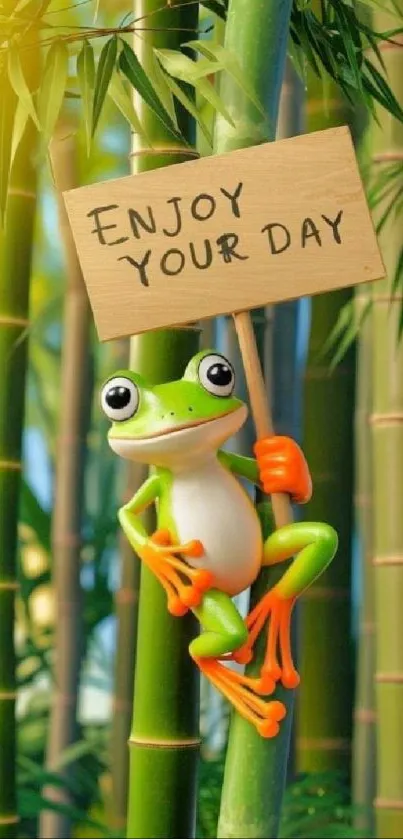 Frog holding sign surrounded by bamboo with bright green tones.