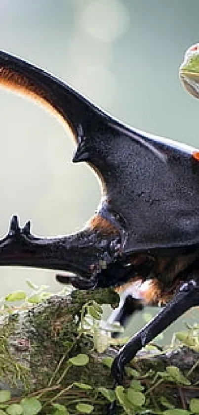 Tree frog on rhinoceros beetle in lush foliage wallpaper.