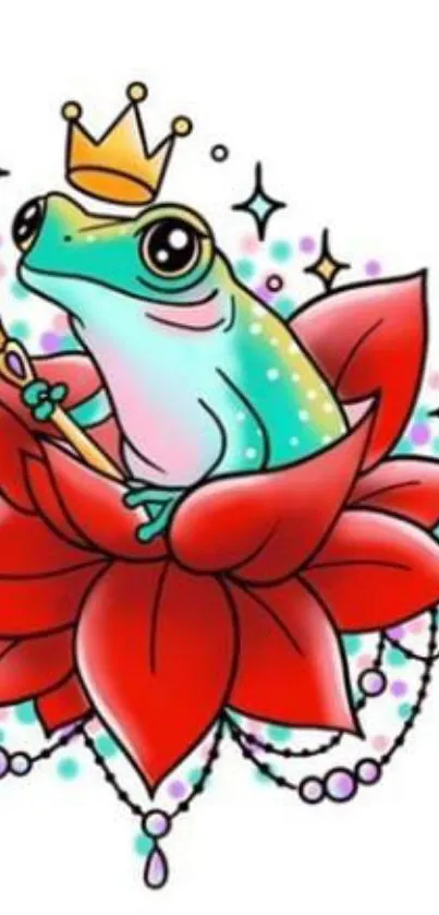 Whimsical crowned frog on vibrant flower artwork.