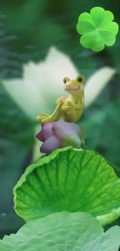 A cute frog sits on a leaf in a green fantasy garden wallpaper.