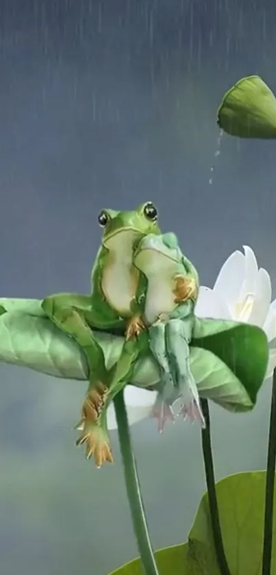 Green frog sitting on a lotus leaf in the rain.