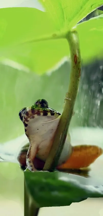 Frog on a leaf in a lush green setting creating a calming nature wallpaper.