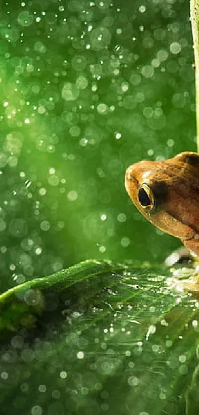 A frog perched on a green leaf amid shimmering water droplets.