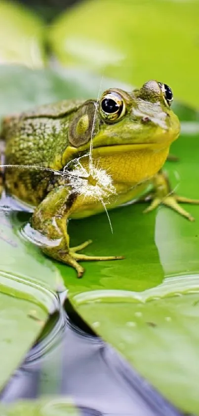 Frog sitting on a green lily pad with reflective water background.