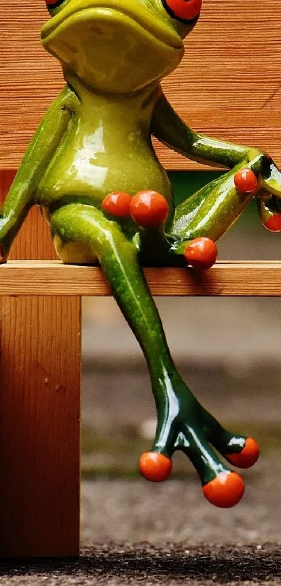 Bright green frog sitting on a quaint wooden bench.