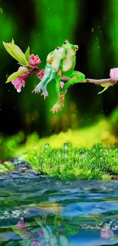 Two frogs on a floral branch over a green pond.