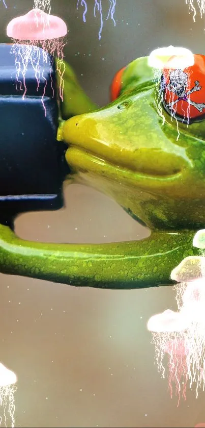Whimsical frog holding a phone with jellyfish surrounding it.