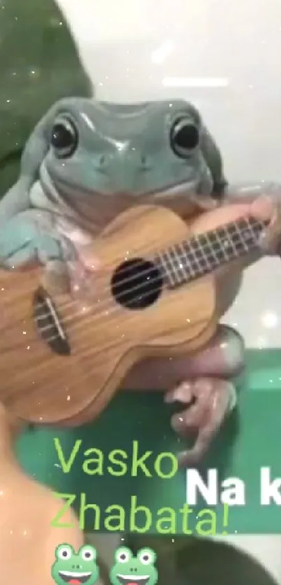 Cute frog playing a small guitar on thumb.