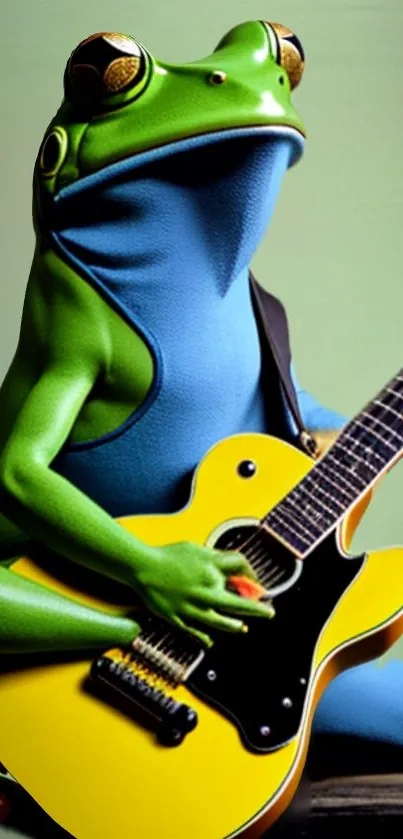 Whimsical frog holding a yellow guitar on a green background.