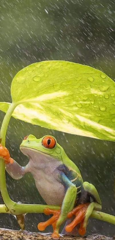 Vibrant frog under a leaf during rain.