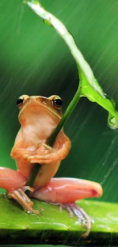 A tiny frog under a leaf during rain on green background.