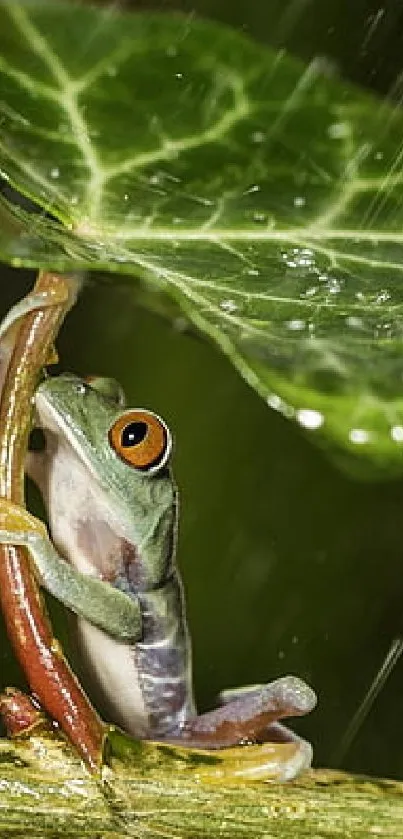 Tree frog using a leaf as shelter from rain, showcasing nature's creativity.