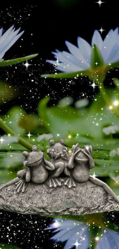 Stone frog trio with sparkling floral nature background.