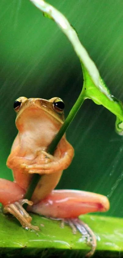 Frog perched under a leaf umbrella amidst rain droplets, showcasing vibrant green hues.