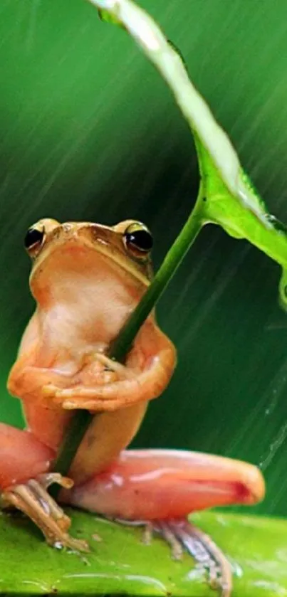 Frog sitting under a green leaf in the rain, creating a serene natural scene.