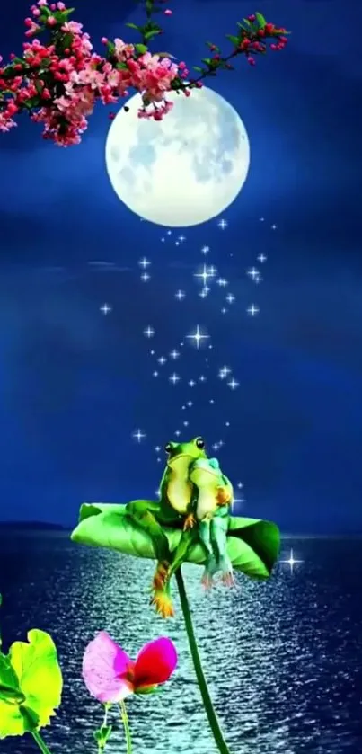 Frog sitting under a bright moon with sparkling stars and colorful flowers.