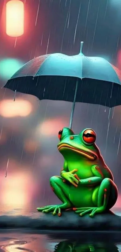 Vibrant image of a frog under an umbrella in the rain.