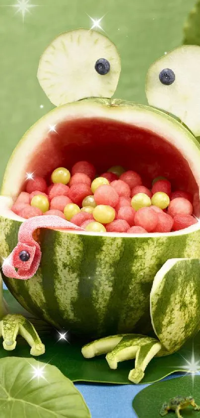 Creative frog-shaped watermelon with vibrant fruit and green backdrop.