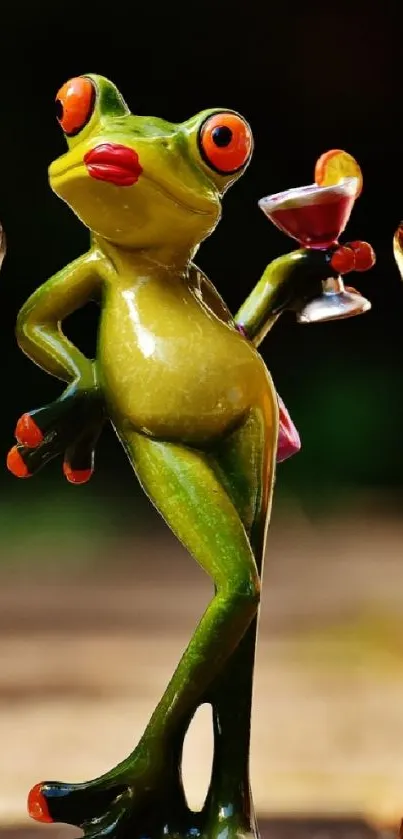 Cartoon frog with drink between two colorful bottles on a vibrant background.