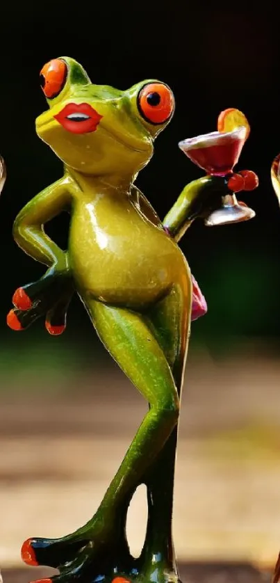 Whimsical frog figurine with cocktail and colorful bottles in background.