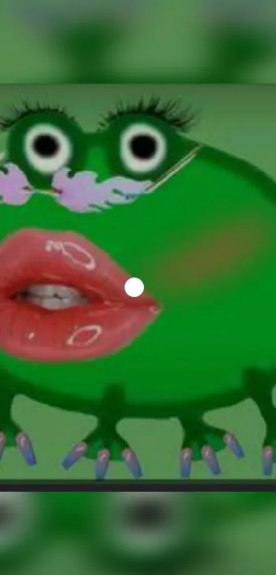 Cartoon green frog with glossy red lips on phone wallpaper.