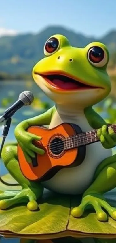 Cartoon frog playing guitar on a lily pad.