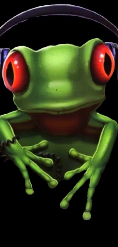 Cartoon frog with headphones on a black background.