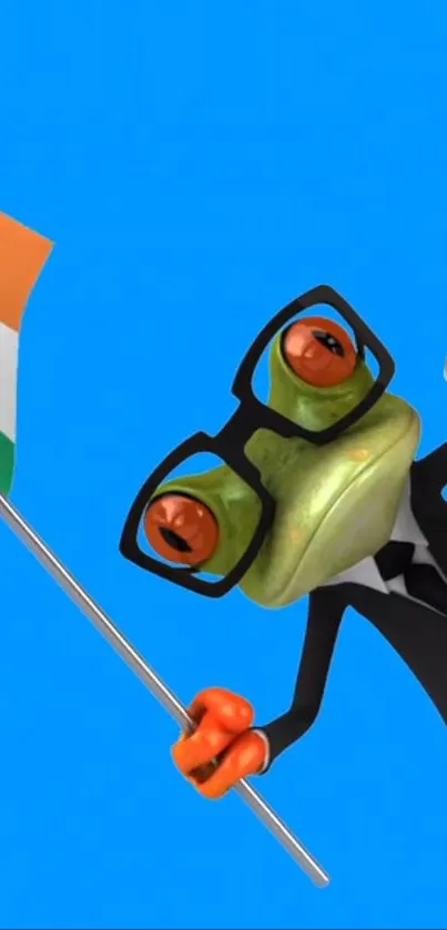 Cartoon frog holding Indian flag on blue background.