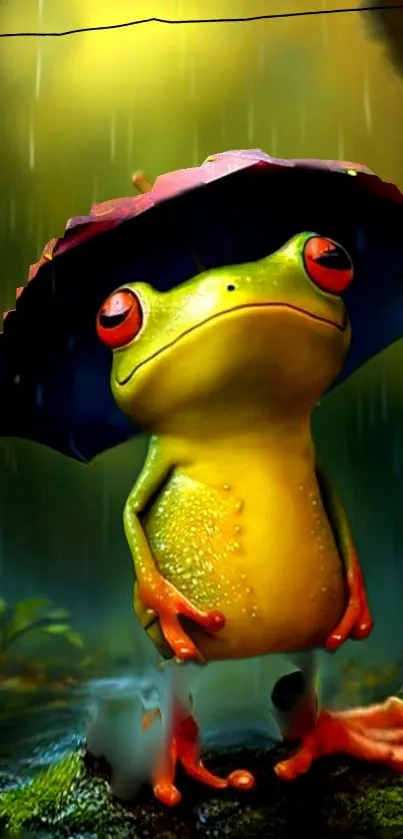 Whimsical cartoon frog with a leaf umbrella in the rain.