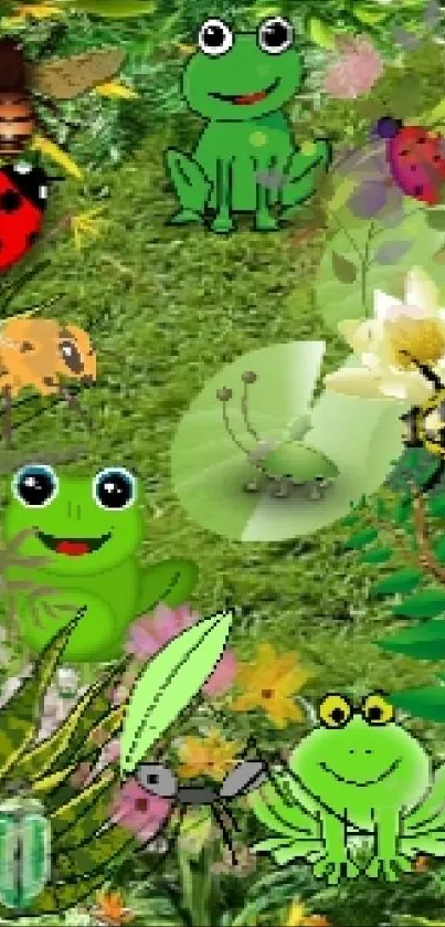 Cute animated frogs and insects in a garden setting.