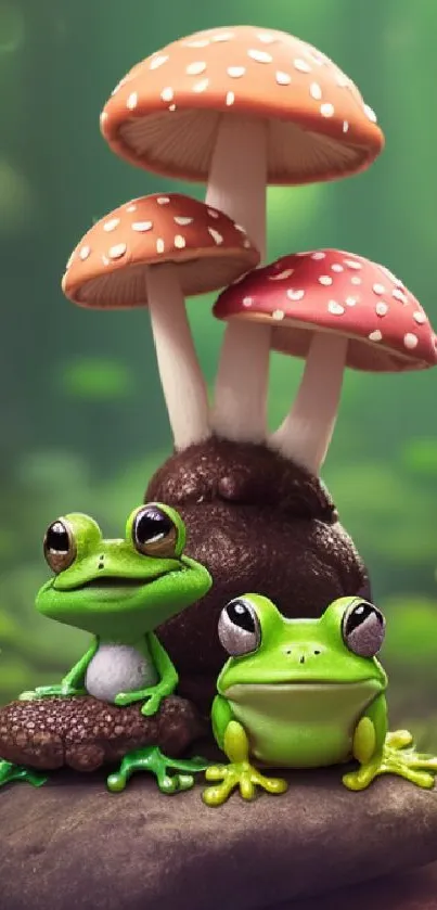 Cute frogs sitting under mushrooms in a green, whimsical forest scene.