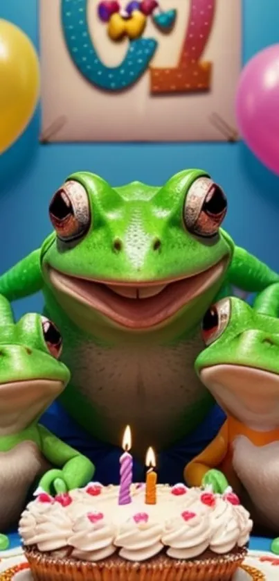 Frog family celebrating a birthday with cake and balloons.