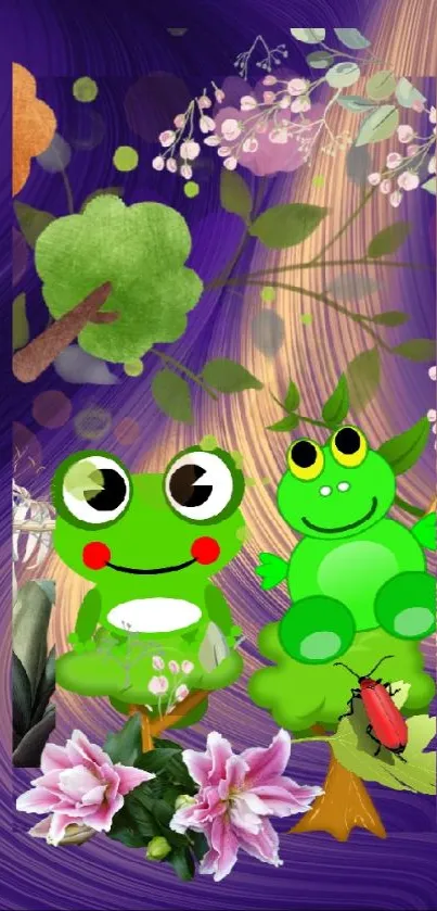 Cartoon frogs in a whimsical fantasy forest surrounded by flowers and vibrant leaves.