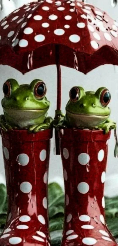 Two frogs in rain boots under a red polka dot umbrella.