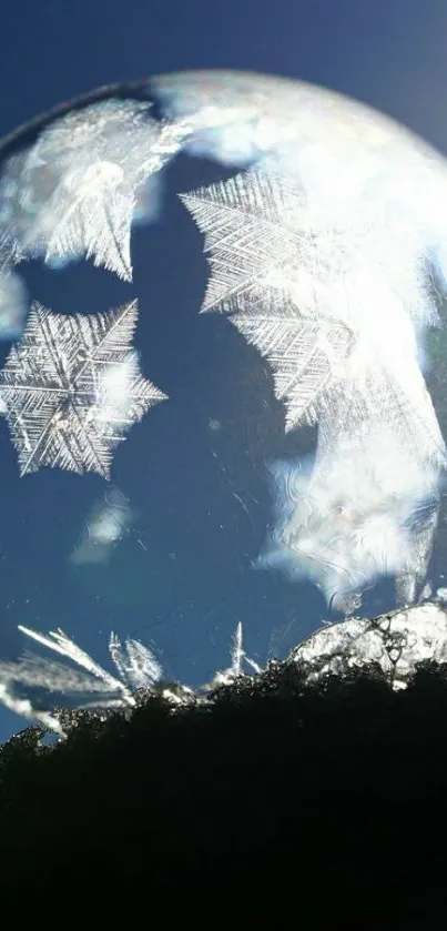 Frozen bubble with intricate frost crystals under a dark blue winter sky.