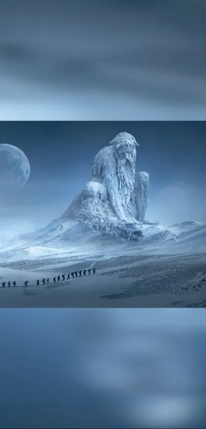 Fantasy landscape with a frost giant under the moonlit sky in blue hues.