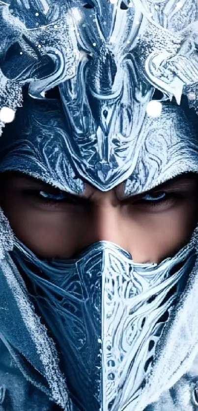 Fantasy artwork featuring a frost knight with icy armor and intense blue tones.