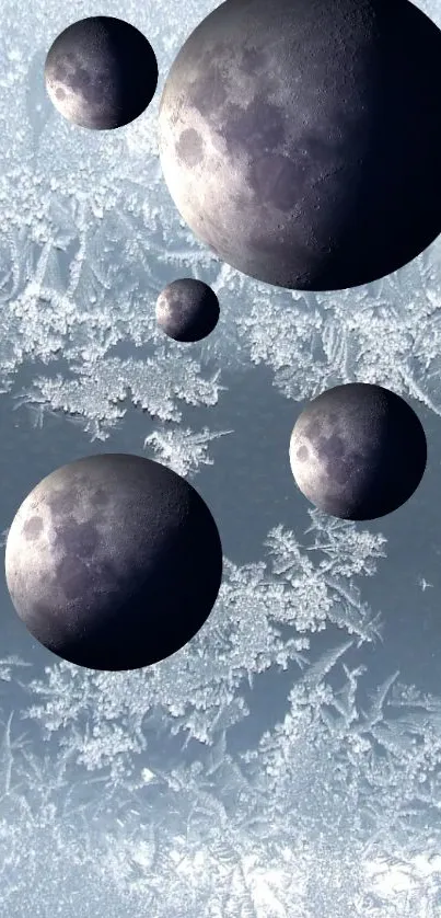 Mobile wallpaper with multiple moons and frosty background design.