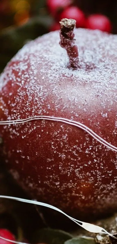 Frosted red apple with lights on a mobile wallpaper.