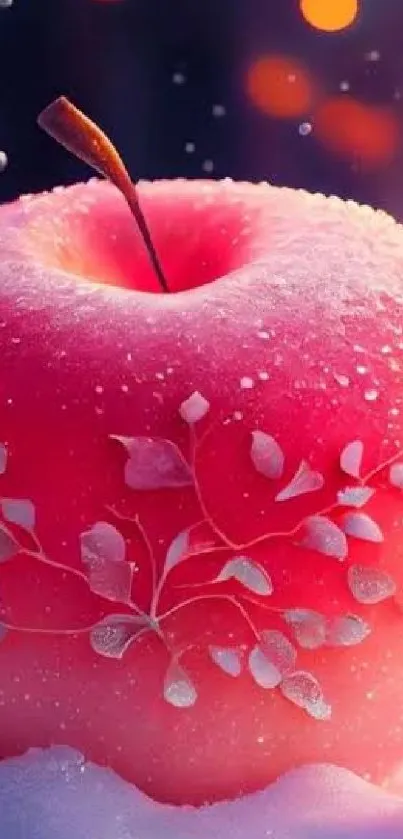 Beautiful frosted apple with icy details on a snowy backdrop.