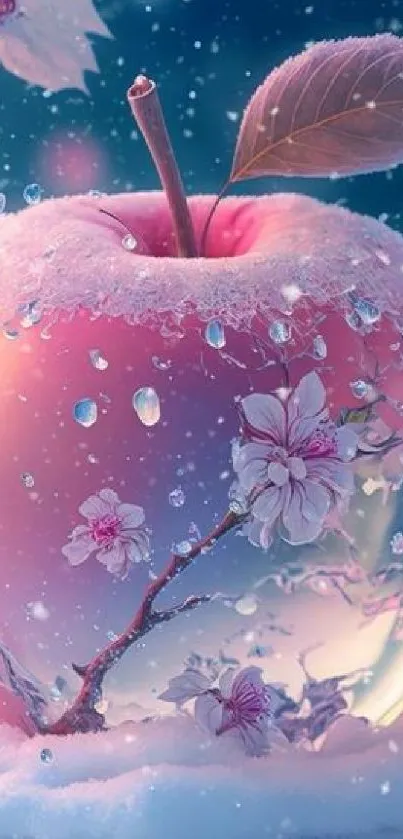 Frosted apple with blossoms and snow in a dreamy fantasy wallpaper.