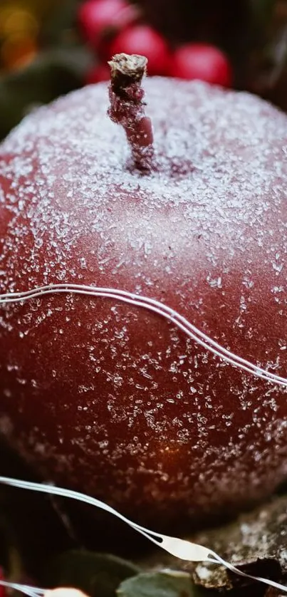 Frosted red apple close-up with seasonal touches.