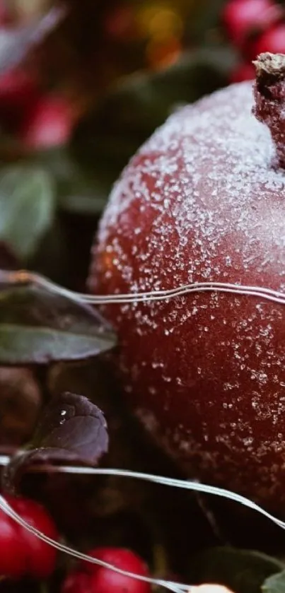 Frosted apple with fairy lights, red hues